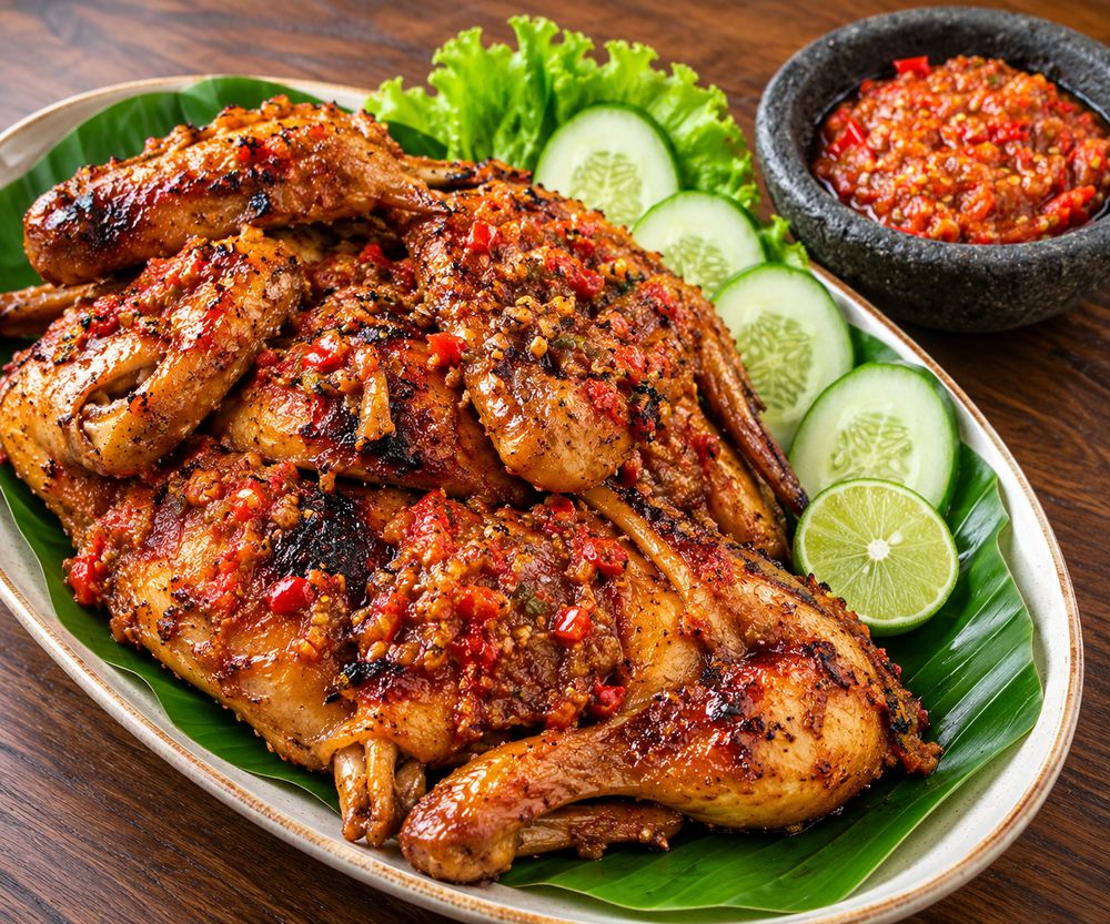 Ayam bakar berbumbu sambal dengan lalapan dan jeruk limau