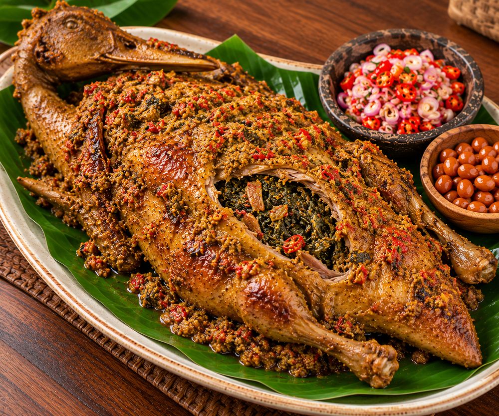 Bebek betutu utuh berbumbu rempah dengan isian daun
